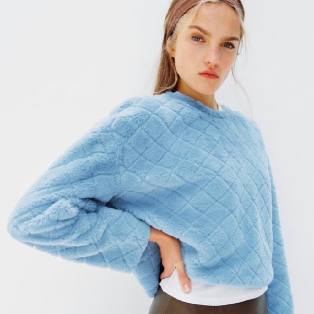 Beautiful bright sky color embroidered faux fur top- So warm but not too bulky.